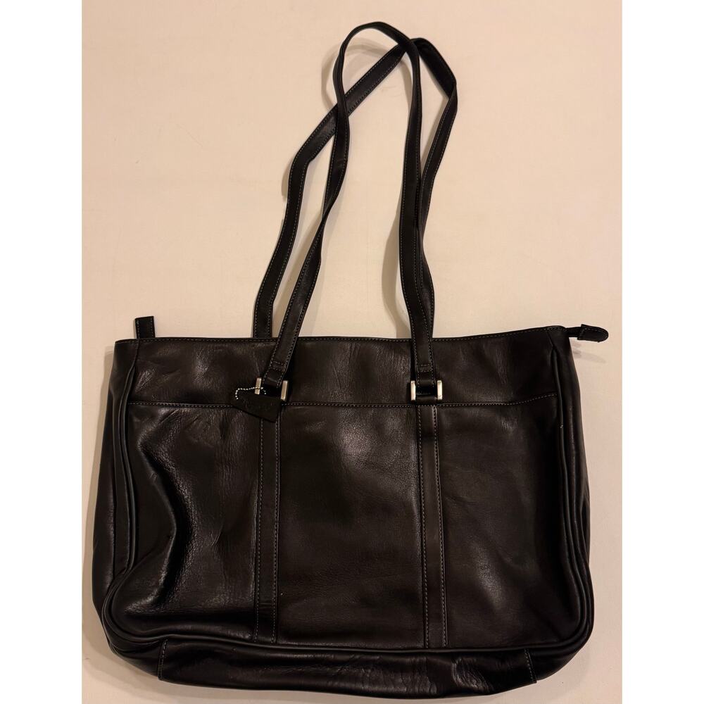 Vtg Y2K Tignanello Genuine Leather Laptop Tote Bag Purse Black 2 Pocket